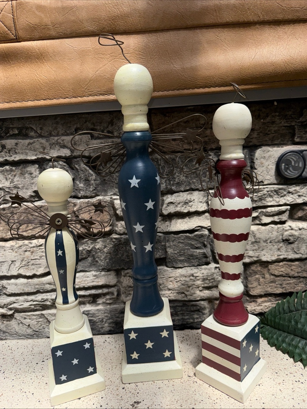 Patriotic Wooden Tapered Candle Holders Set - Blue, Red & Cream